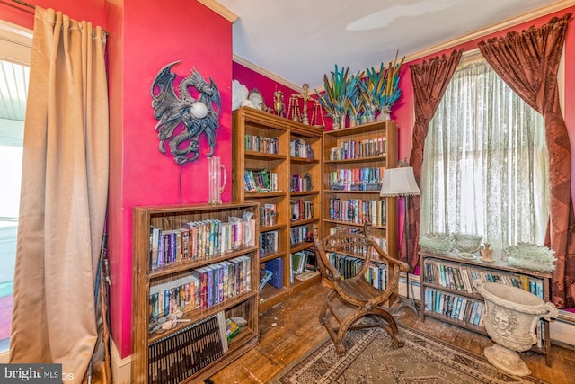 living area featuring hardwood / wood-style flooring and ornamental molding