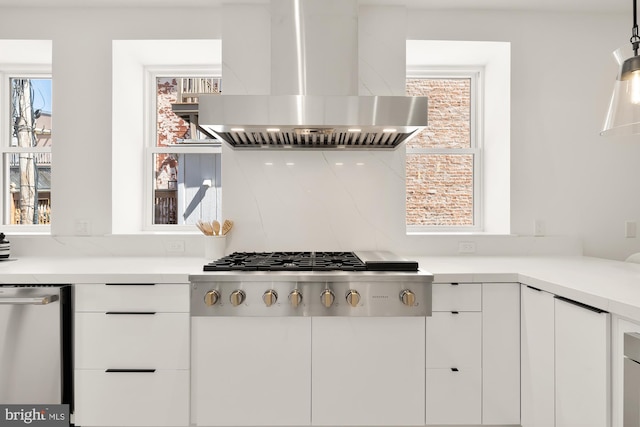 kitchen featuring stainless steel appliances, island range hood, white cabinets, and a healthy amount of sunlight