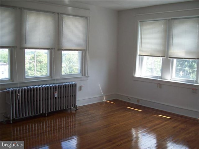 empty room featuring radiator, a healthy amount of sunlight, and dark hardwood / wood-style floors