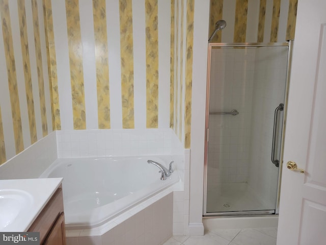 bathroom featuring tile patterned flooring, vanity, and independent shower and bath