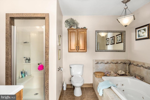 bathroom with tile patterned floors, plus walk in shower, and toilet