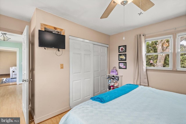 bedroom with ceiling fan, a closet, and light hardwood / wood-style floors