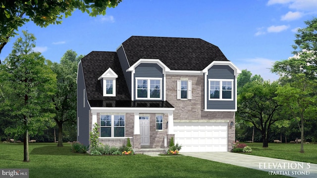 view of front facade with a front yard and a garage