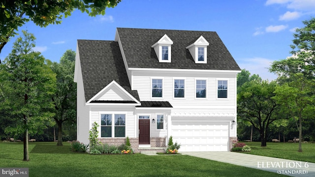 view of front of house with a front yard and a garage