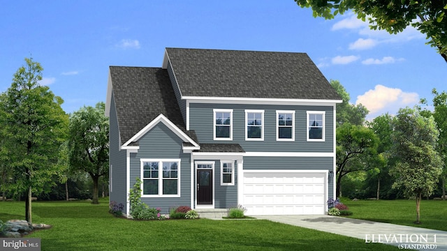 view of front of house with a front lawn and a garage