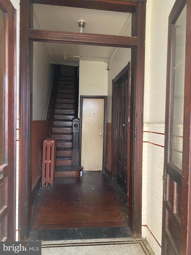 hall with wood-type flooring, tile walls, and radiator