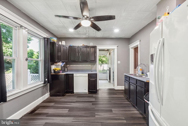 kitchen with dark brown cabinets, sink, a healthy amount of sunlight, and white appliances