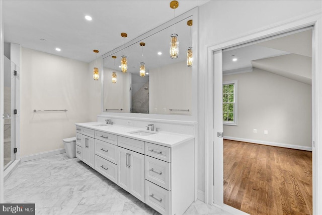 bathroom featuring vanity, toilet, wood-type flooring, and a shower with door