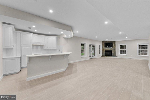 unfurnished living room with sink, a fireplace, and light wood-type flooring