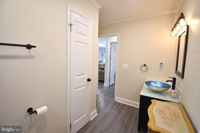 bathroom featuring vanity, wood-type flooring, and ornamental molding