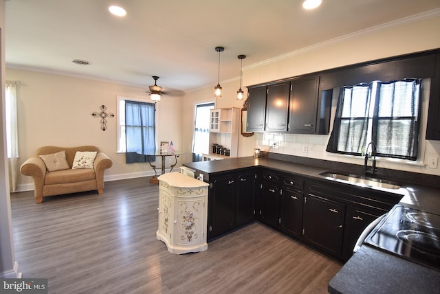 kitchen with backsplash, dark hardwood / wood-style flooring, sink, and hanging light fixtures