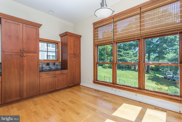 interior space with light hardwood / wood-style floors, a healthy amount of sunlight, and tasteful backsplash