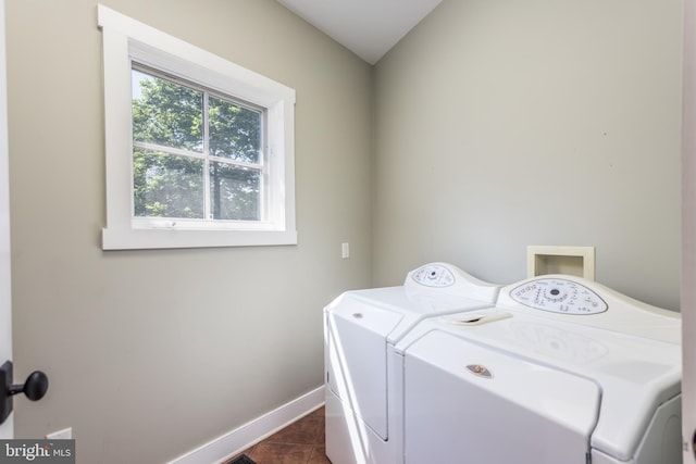 washroom featuring independent washer and dryer and dark tile patterned floors