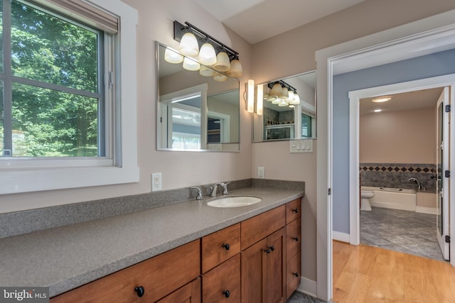 bathroom featuring plenty of natural light, wood-type flooring, a tub to relax in, and vanity