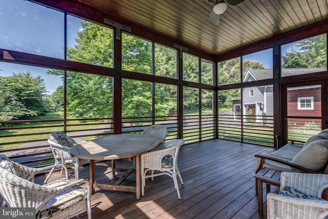 sunroom featuring ceiling fan and wooden ceiling