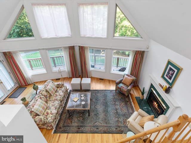 living room with a healthy amount of sunlight, a high ceiling, and hardwood / wood-style flooring