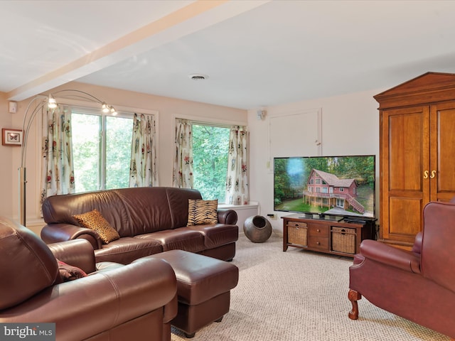 carpeted living room with beam ceiling