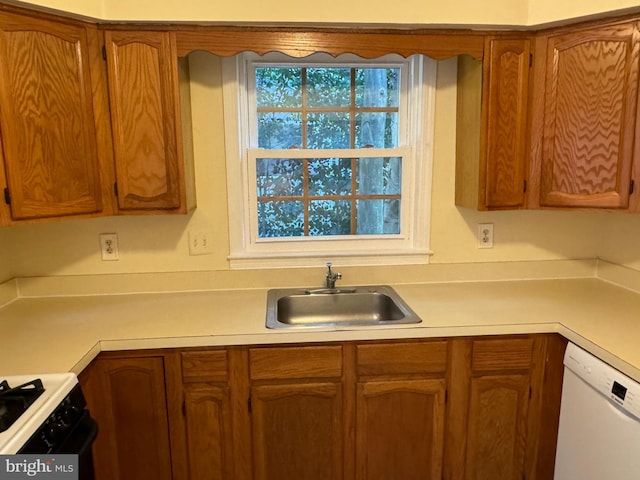 kitchen with white dishwasher, black gas range oven, and sink