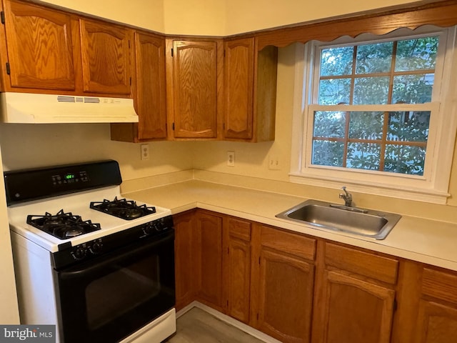 kitchen with white gas stove and sink