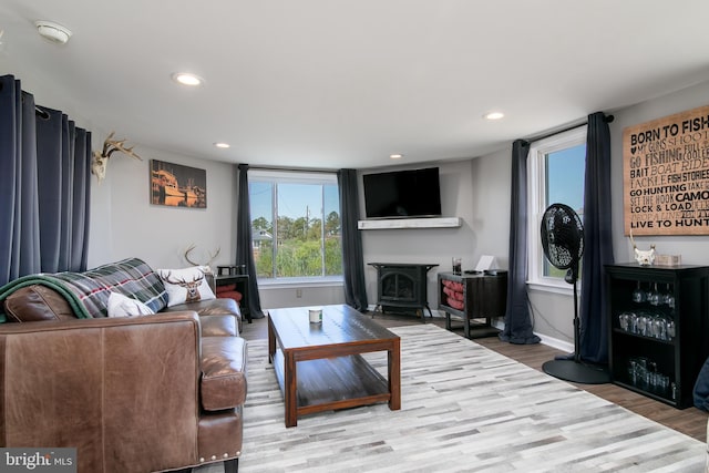 living room featuring wood-type flooring and a wood stove