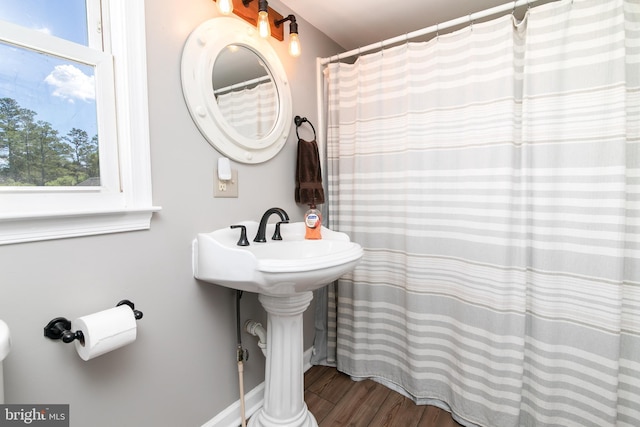 bathroom with hardwood / wood-style flooring