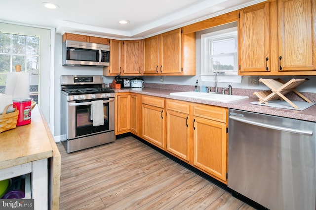 kitchen with appliances with stainless steel finishes, sink, and light hardwood / wood-style floors