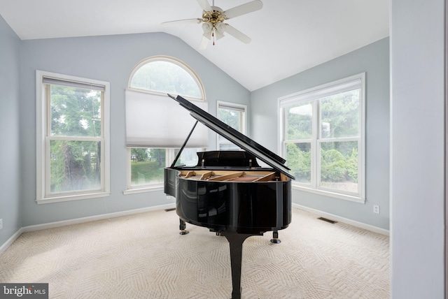 misc room featuring light carpet, vaulted ceiling, and a healthy amount of sunlight