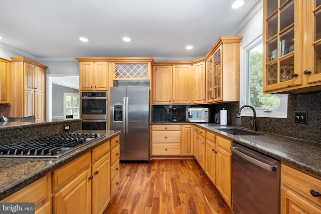 kitchen featuring backsplash, sink, dark stone countertops, wood-type flooring, and stainless steel appliances