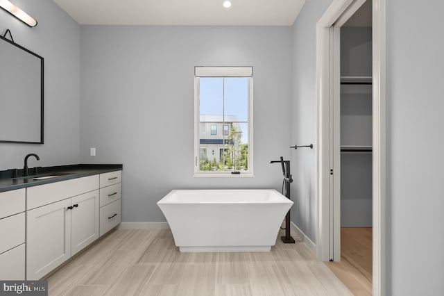 bathroom featuring a bathing tub, vanity, and hardwood / wood-style flooring