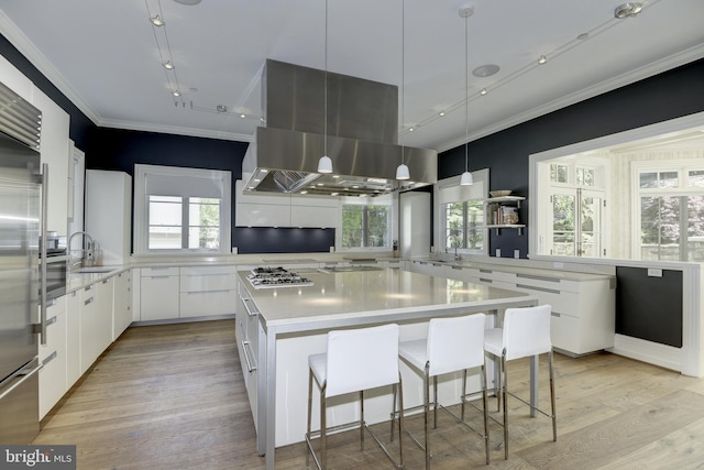 kitchen with light hardwood / wood-style flooring, white cabinetry, island exhaust hood, and a healthy amount of sunlight