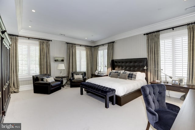 bedroom with light colored carpet and ornamental molding