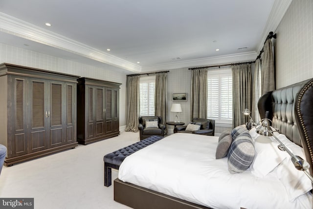 bedroom with light colored carpet and crown molding