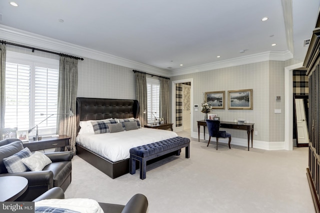 carpeted bedroom featuring ornamental molding and multiple windows