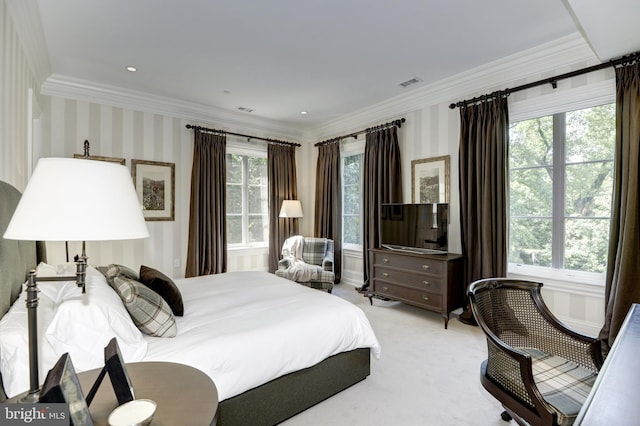 carpeted bedroom with crown molding