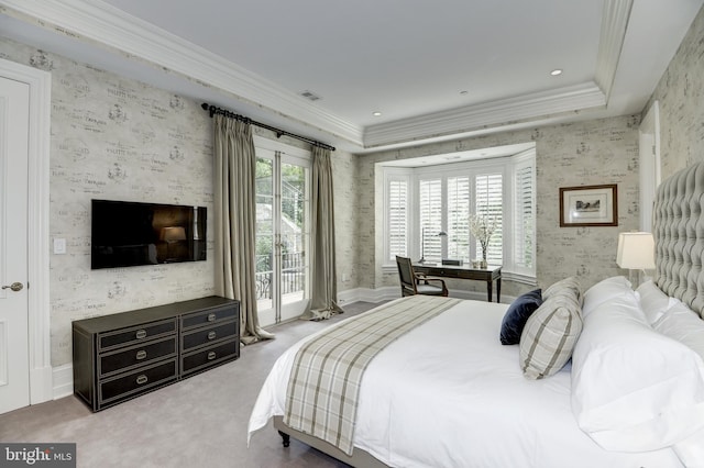 bedroom with crown molding, light colored carpet, and access to exterior