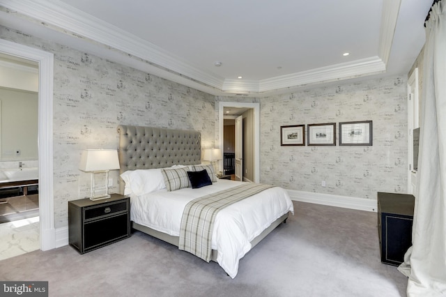 bedroom with carpet floors and crown molding