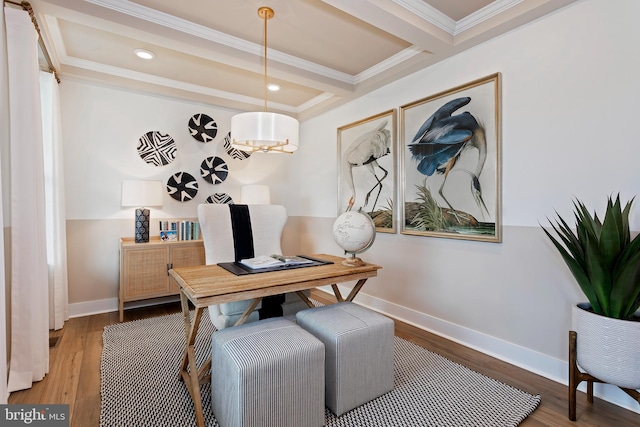 home office with hardwood / wood-style flooring, ornamental molding, and beamed ceiling