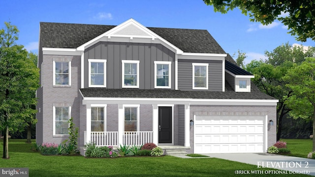 view of front facade with a porch, a garage, and a front lawn