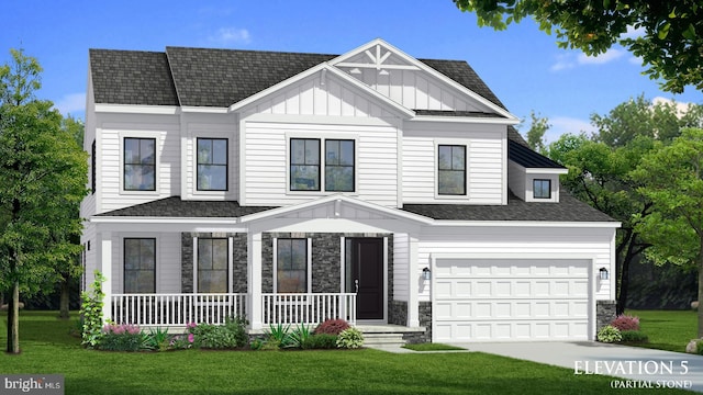 view of front of house with covered porch, a front yard, and a garage