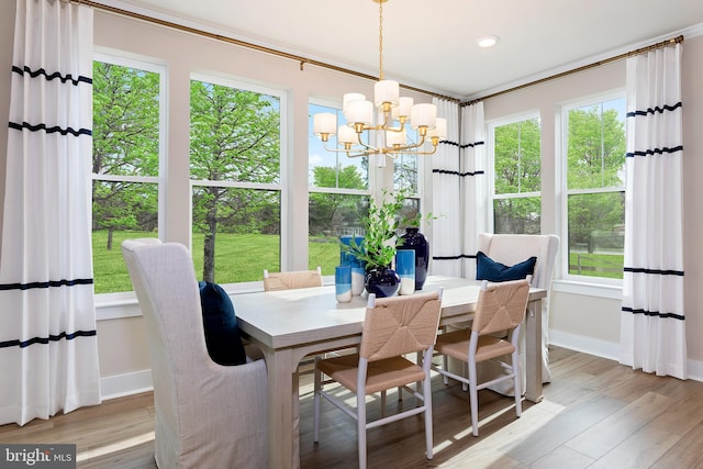 dining space with a chandelier, light hardwood / wood-style floors, and plenty of natural light