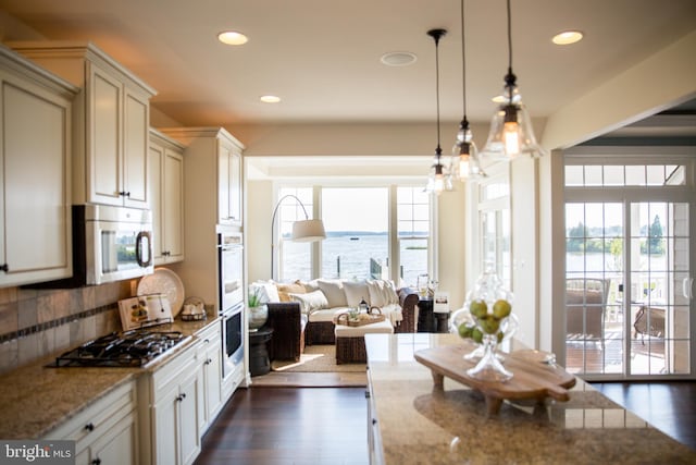 kitchen with stainless steel appliances, tasteful backsplash, hanging light fixtures, a water view, and light stone counters