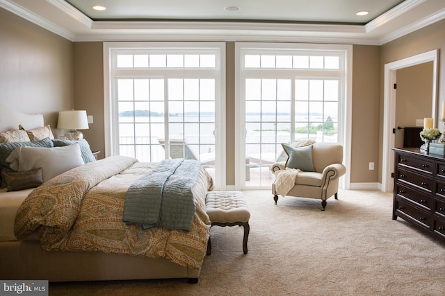 carpeted bedroom with a tray ceiling and crown molding