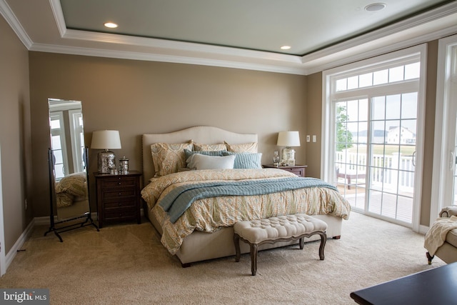 carpeted bedroom featuring access to exterior, crown molding, and a raised ceiling