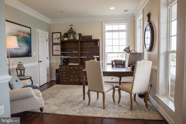 office space with dark hardwood / wood-style flooring and crown molding