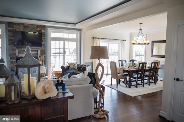 living room featuring dark hardwood / wood-style flooring, ornamental molding, and a chandelier