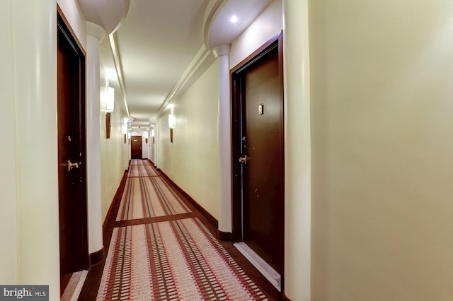 hall with crown molding and carpet floors