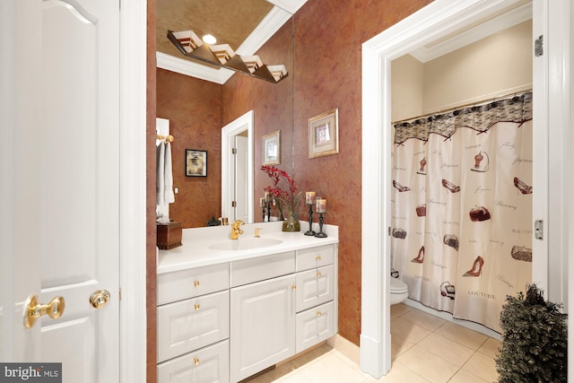 bathroom featuring walk in shower, vanity, crown molding, tile patterned flooring, and toilet