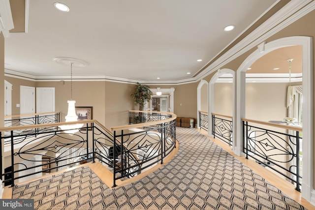 14950 Kelley Farm, Darnestown, MD 20874 - corridor featuring an upstairs landing, recessed lighting, arched walkways, crown molding, and wood finished floors
