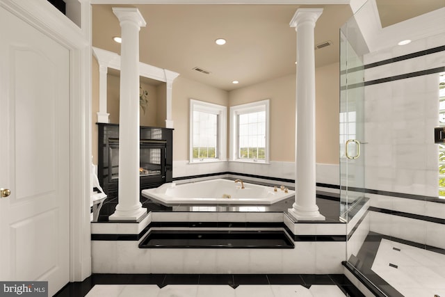 14950 Kelley Farm, Darnestown, MD 20874 - bathroom with decorative columns, a tub with jets, a stall shower, and recessed lighting