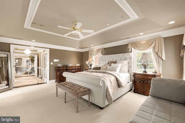 14950 Kelley Farm, Darnestown, MD 20874 - bedroom with a raised ceiling, ornamental molding, light carpet, recessed lighting, and a ceiling fan
